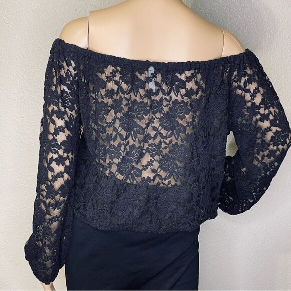 Elan Long Lace Sleeve Blouse Black Sheer Sleeves and Back Elastic Waist Large - Picture 5 of 9